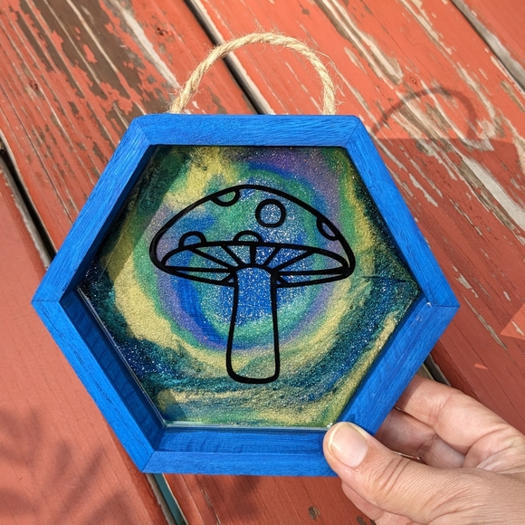 Mushroom Wall Hanging Blue Wood Shadowbox Art Handmade Nature Cottagecore - Picture 7 of 11